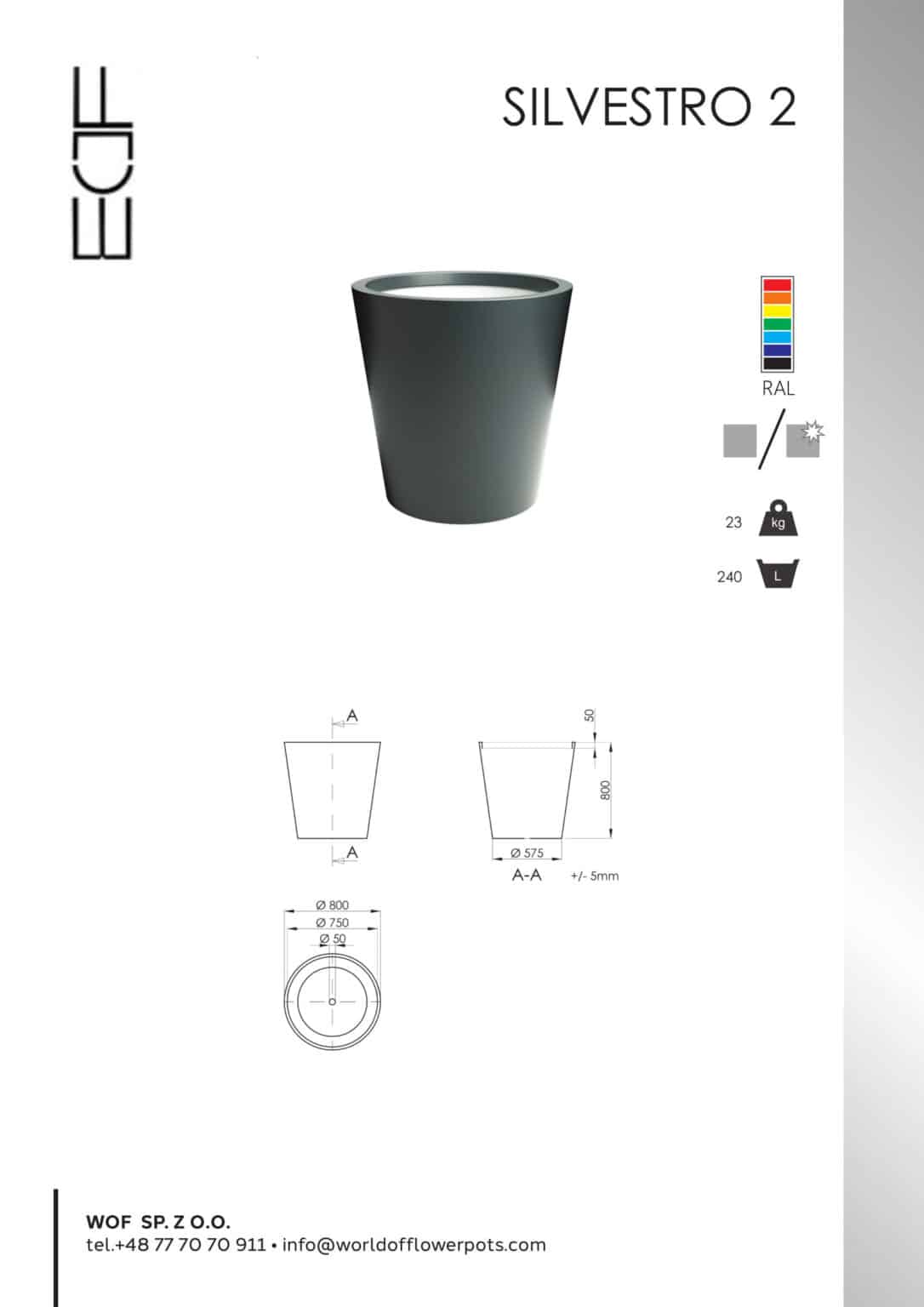 Donica aluminiowa Silvestro 2: nowoczesna, matowa donica zwężana ku dołowi (RAL), średnica góry 80 cm, podstawa 57,5 cm, wysokość 72 cm. Ikony pokazują kolor RAL, wagę oraz pojemność. Załączone rysunki techniczne z wymiarami.