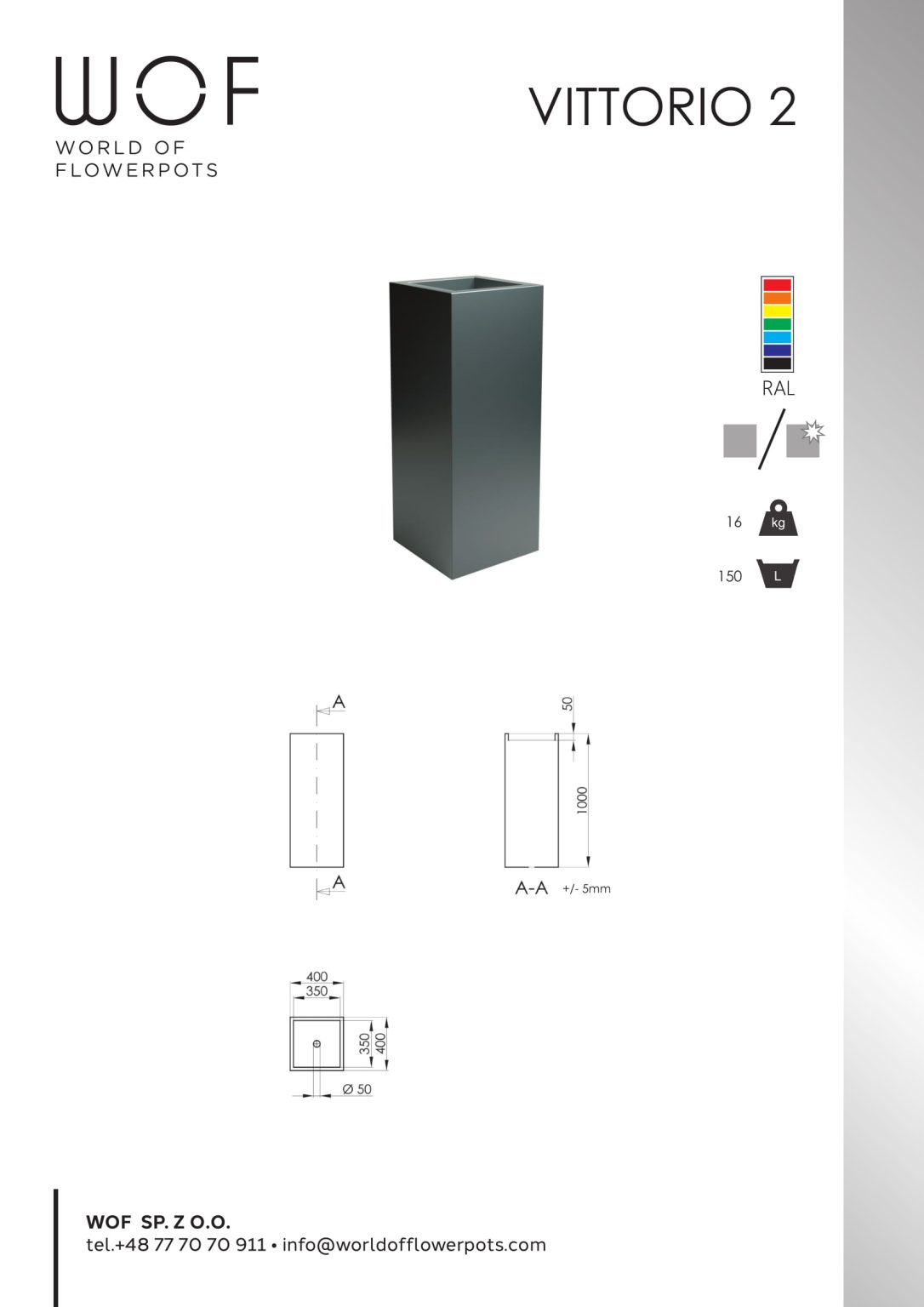Wysoka, prostokątna, czarna donica Donica aluminiowa Vittorio 2 jest pokazana w centrum. Nazwa produktu pojawia się w prawym górnym rogu, wraz z rysunkami technicznymi, opcjami kolorystycznymi RAL i danymi kontaktowymi firmy.