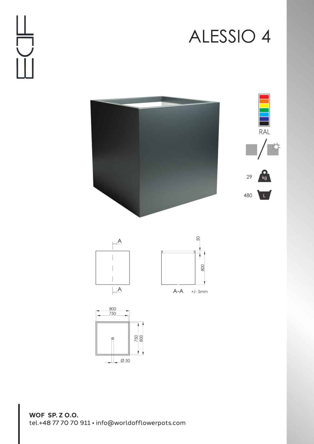 Minimalistyczna karta produktu prezentuje Donicę aluminiową Alessio 4, sześcienną ciemnoszarą donicę (29 kg, 480 l) - idealną dla fanów dużych donic - ze schematami wymiarów, wyborem kolorów, symbolem płatka śniegu oraz logo firmy i danymi kontaktowymi na dole.