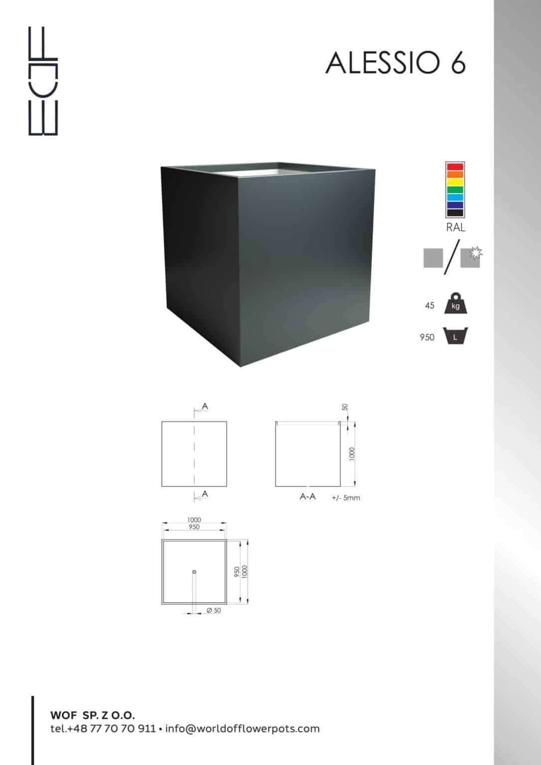 Donica aluminiowa Alessio 6 to ciemna kwadratowa donica z serii duże donice, pokazana w 3D i rysunkach technicznych (1000x1000x950 mm), z opcjami kolorystycznymi RAL, o wadze 45 kg i pojemności 950 l na minimalistycznym białym tle.