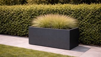 Donica aluminiowa Edoardo 3 w kolorze czarnym, obsadzona trawą ozdobną, stoi na jasnoszarej kostce brukowej obok przyciętego zielonego żywopłotu i wypielęgnowanego trawnika w nasłonecznionym ogrodzie.