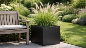 Donica aluminiowa Ernesto Mobile z wysoką trawą ozdobną stoi na kamiennym tarasie obok ławki z jasnego drewna i białej poduszki. W tle widać zielony ogród i kwitnące rośliny w słoneczny dzień.