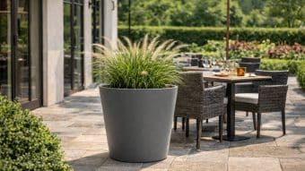 Donica aluminiowa Silvestro 3, obsadzona wysoką trawą ozdobną, stoi na kamiennym patio obok jadalni na świeżym powietrzu z plecionymi ciemnymi krzesłami i ustawionymi stołami. Zielone żywopłoty i drzewa otaczają jasną, przyjazną przestrzeń.