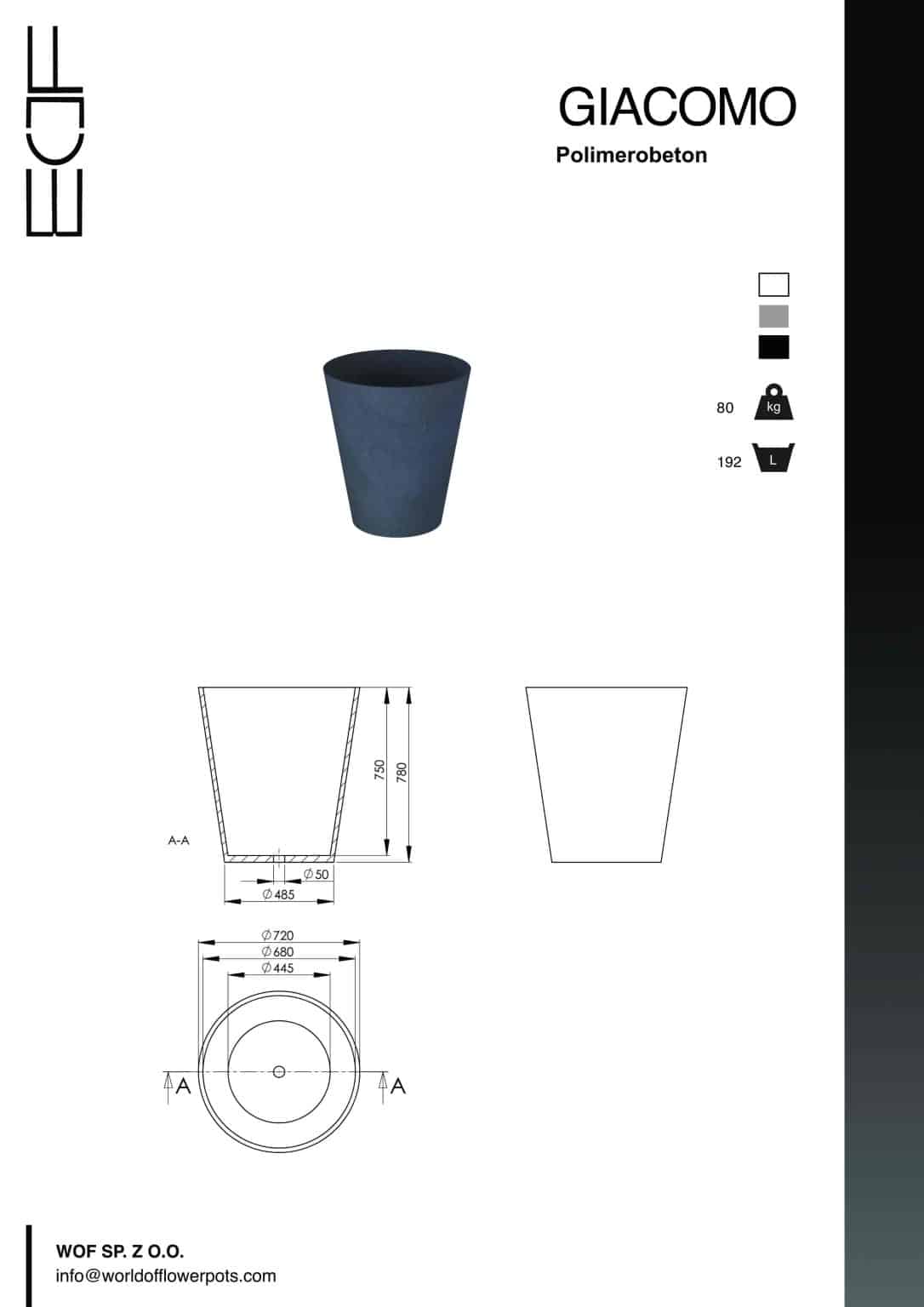 Donica betonowa Giacomo tech info