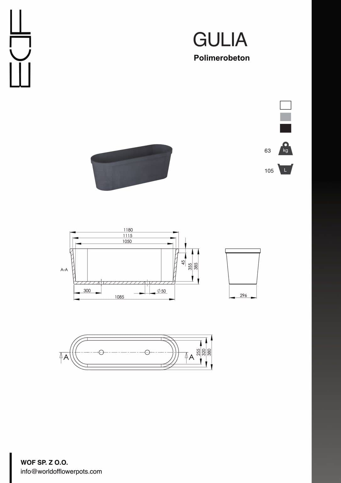 Donica betonowa Gulia tech info