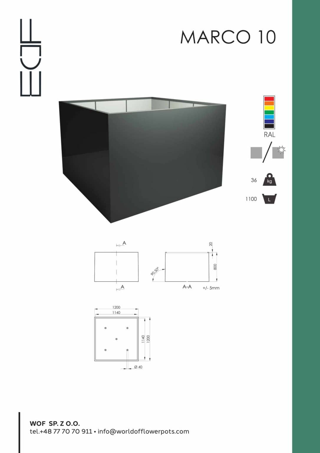 Rendering 3D przedstawia Donicę z włókna szklanego Marco 10, dużą ciemnoszarą kwadratową donicę -1100 mm x 1100 mm x 1100 mm. Dołączone są również rysunki techniczne, informacje o materiałach i kolorach, ikony otworów drenażowych i dane kontaktowe.