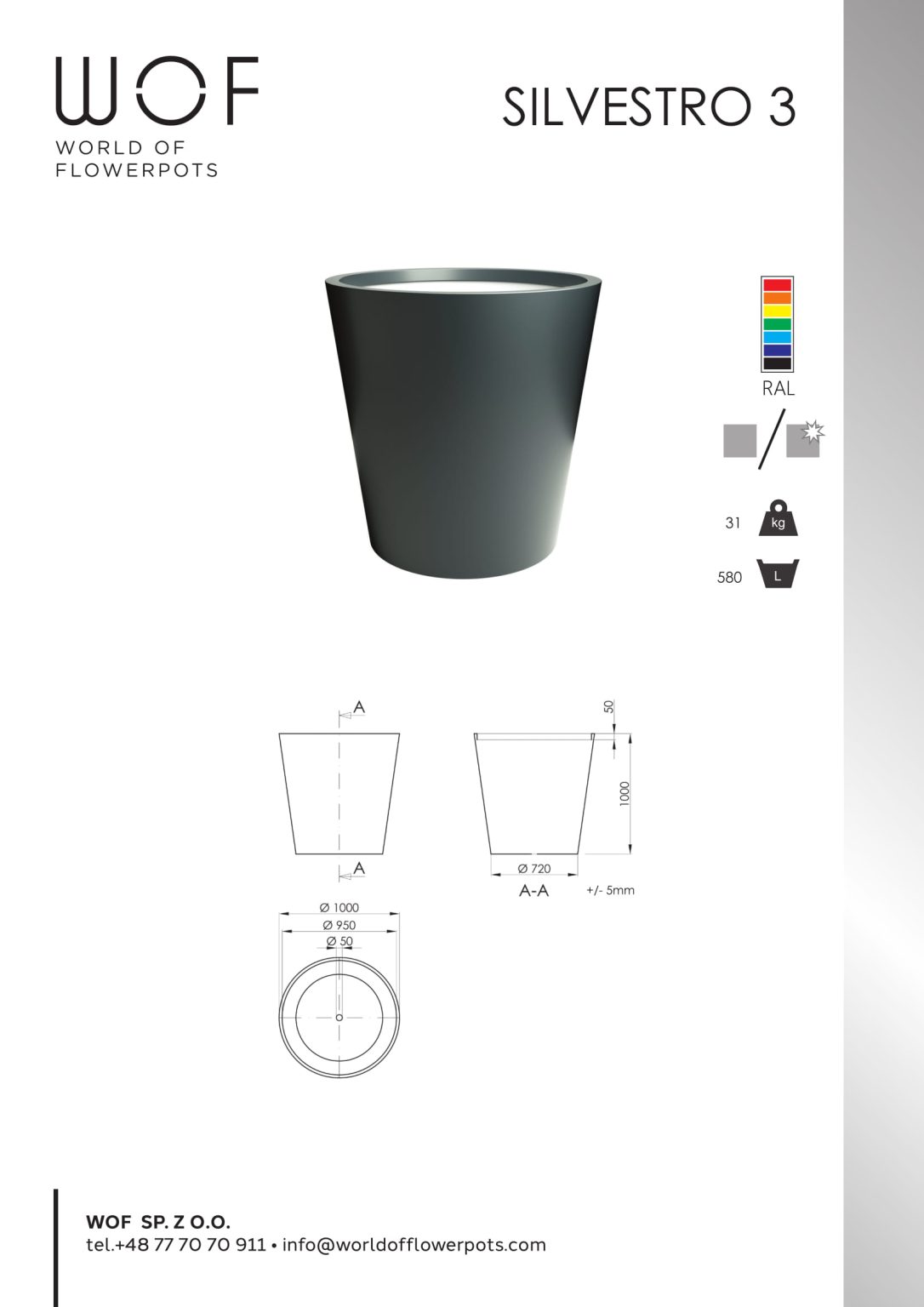 Silvestro 3 duża stożkowa donica z aluminium