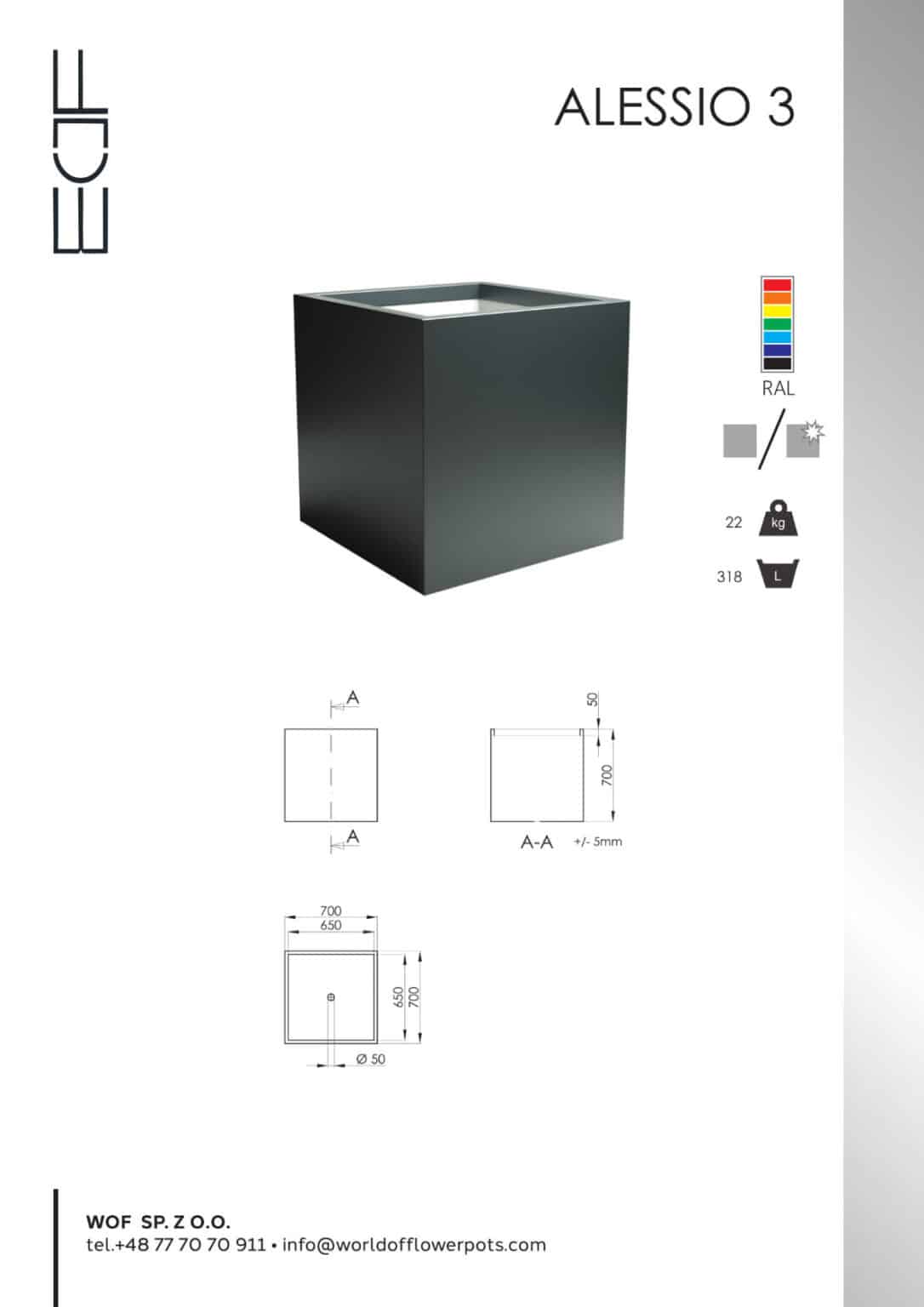 Karta produktu dla Donica aluminiowa Alessio 3: czarny matowy sześcian (700x700x700 mm) pokazany centralnie, idealny jako duża donica. Posiada otwór odpływowy (patrz schemat techniczny), dostępny w różnych kolorach RAL. Podano dane kontaktowe firmy.