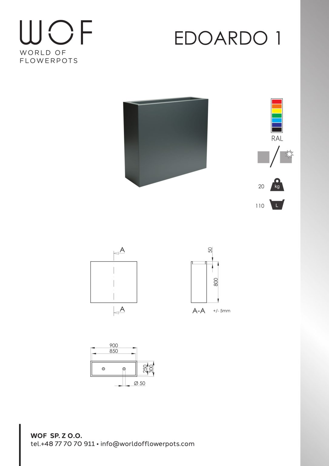 Donica aluminiowa Edoardo 1 to prostokątna donica w kolorze czarnym matowym z rysunkami technicznymi pokazującymi jej szerokość 900 mm, głębokość 250 mm i wysokość 800 mm. Obejmuje opcje kolorów RAL, ikony wewnątrz / na zewnątrz, waży 20 kg i mieści 110 litrów.
