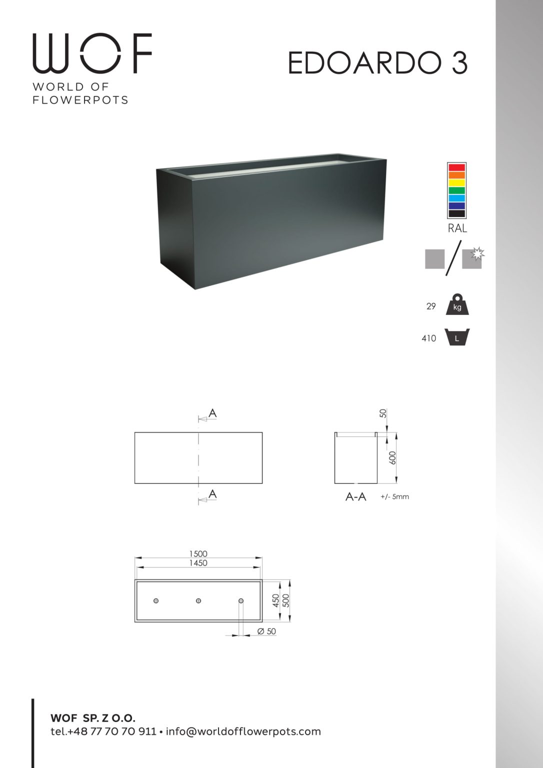 Edoardo 3 prostokątne donice z blachy aluminiowej