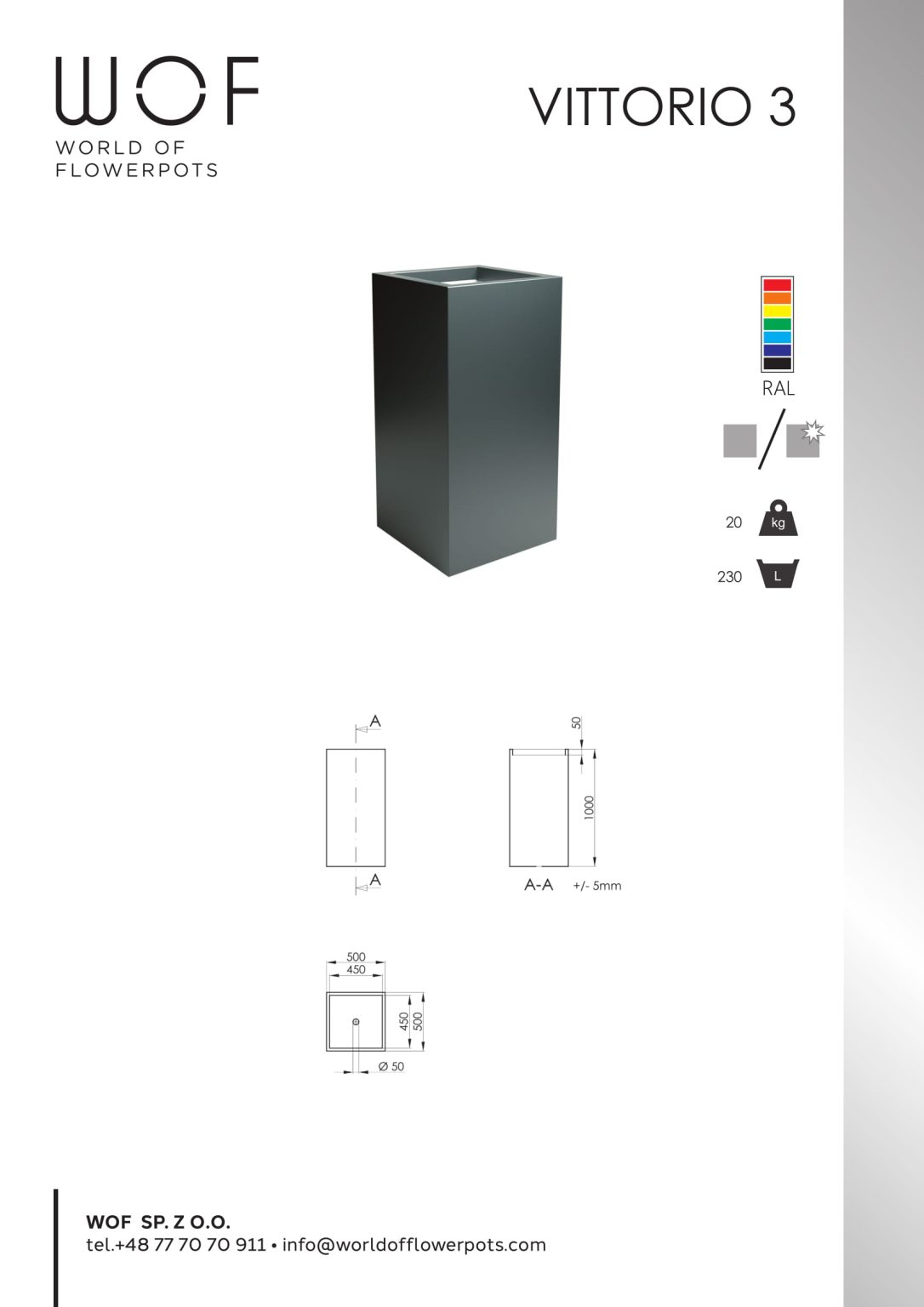 Wysoka, prostokątna, ciemnoszara Donica aluminiowa Vittorio 3 jest wyśrodkowana na białym tle. Po prawej stronie znajdują się opcje kolorystyczne i ikony z wymiarami: 20x20x45 cm, 230 sztuk. Rysunki techniczne i dane kontaktowe znajdują się poniżej.