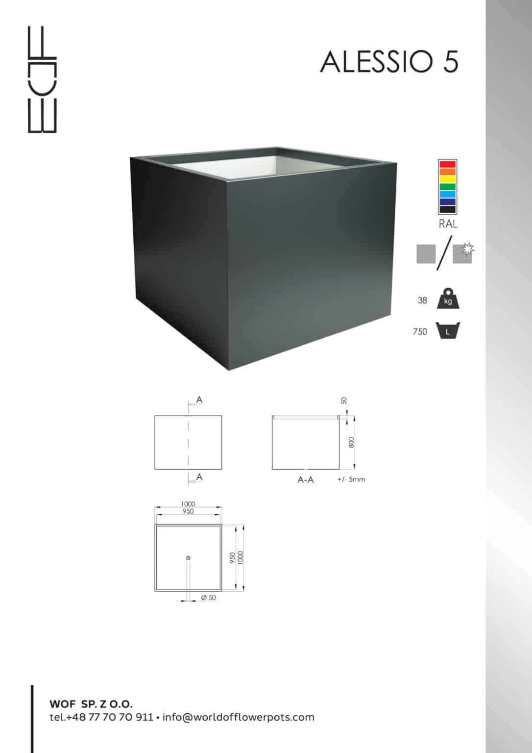 Donica aluminiowa Alessio 5 to duża, czarna, kwadratowa donica (1000x1000x750 mm) przedstawiona z tabelą kolorów i rysunkami technicznymi. Możliwość personalizacji kolorów RAL i informacje o marce na spodzie i boku; idealna do dużych projektów donic.