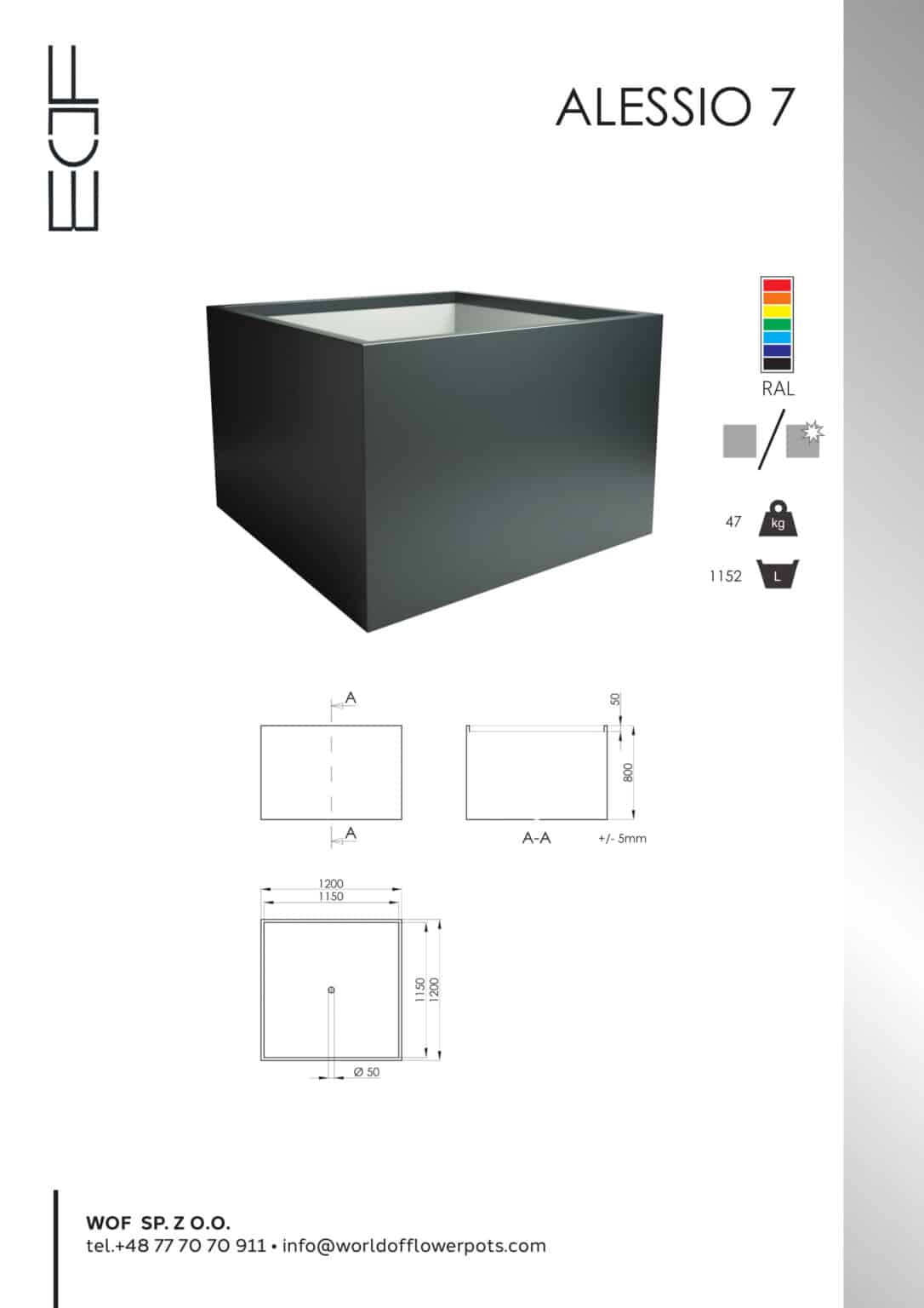 Donica aluminiowa Alessio 7, duża kwadratowa ciemnoszara donica (120x120x80 cm), jest pokazana z rysunkami technicznymi, opcjami kolorów RAL, ikoną materiału, dużymi szczegółami donicy i kontaktem z firmą na białym tle.
