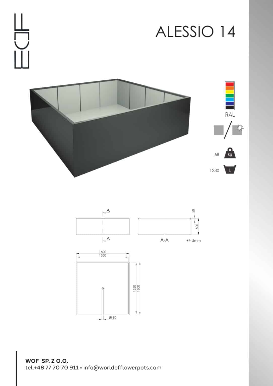 Render 3D Donicy aluminiowej Alessio 14, dużej prostokątnej ciemnoszarej donicy z jasnoszarymi ściankami wewnętrznymi. Rysunki techniczne pokazują rozmiar (1800×1650×680 mm), opcje kolorów RAL, wysokość (68 cm), wagę (123 kg) i dane kontaktowe poniżej.
