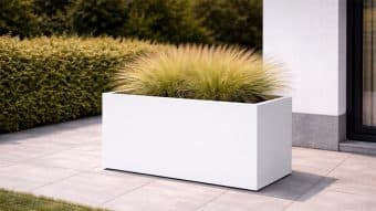 Duża, prostokątna Donica aluminiowa Edoardo 6 w kolorze białym z wysoką trawą ozdobną stoi na wyłożonym kafelkami patio obok nowoczesnego budynku, z bujnymi zielonymi krzewami i drzewami zapewniającymi minimalistyczne, uporządkowane tło na zewnątrz.