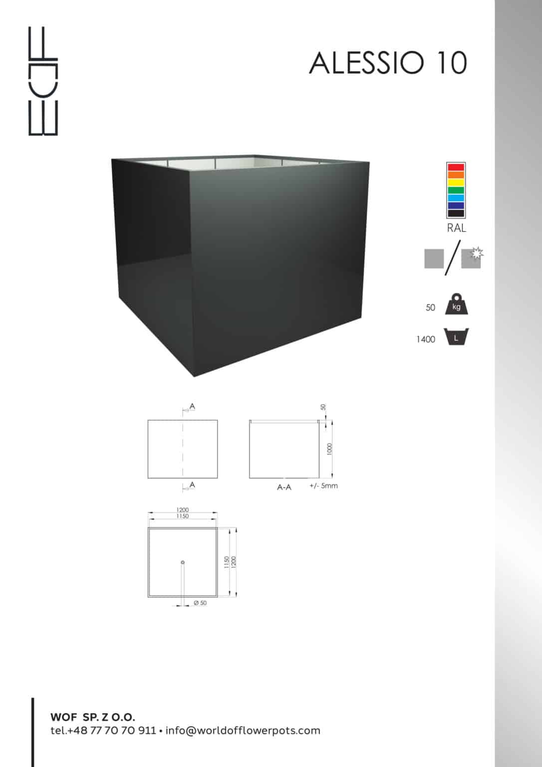 Arkusz dla Donica aluminiowa Alessio 10 przedstawia ciemnoszarą, kwadratową, matową donicę. Rysunki przedstawiają wymiary; ikony informują o pojemności 50 l, wadze 1400, opcjach kolorystycznych RAL. Dane kontaktowe firmy znajdują się na dole.