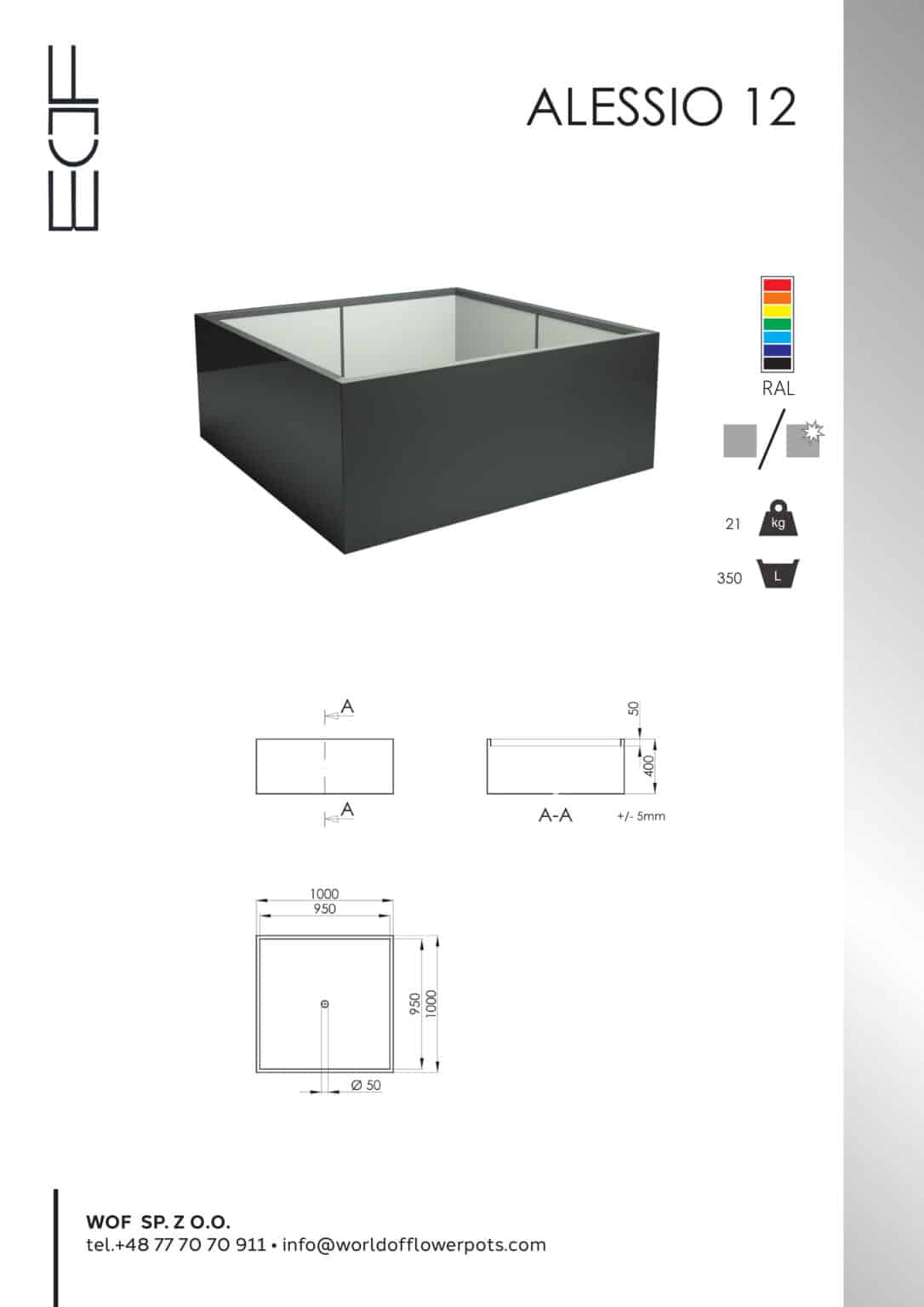 Donica aluminiowa Alessio 12, prostokątna ciemnoszara donica z jasnym wnętrzem, pokazana jest pod kątem. Poniżej znajdują się schematy techniczne z wymiarami (1000x750x500 mm), grubością ścianek, otworem odpływowym, opcjami kolorystycznymi i danymi kontaktowymi.