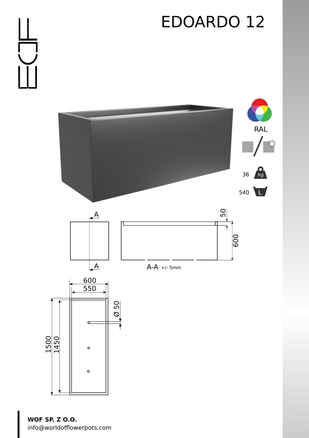 Donica aluminiowa Edoardo 12, prostokątna donica w kolorze czarnym matowym, jest pokazana pod kątem. Rysunki techniczne podają długość 1500 mm, wysokość 600 mm, szerokość 540 mm. Ikony oznaczają kolory z palety RAL, wagę 36 kg i pojemność 540 l. Po lewej stronie znajduje się logo EDF.