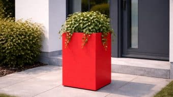 Bujna zielona roślina z małymi liśćmi wylewa się z wysokiej, jaskrawoczerwonej Donicy aluminiowej Vittorio 6 na szarym patio wyłożonym kafelkami przed wejściem do nowoczesnego domu z ciemnoszarymi drzwiami i białymi ścianami, z krzewami widocznymi z boku.