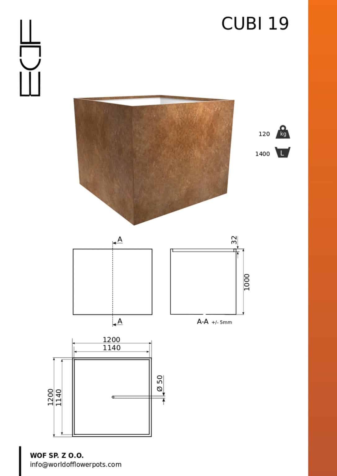 Donica ze stali corten Cubi 19, duża kwadratowa metalowa donica (1200 mm x 1000 mm x 1200 mm), mieści 1400 litrów, waży 120 kg i jest pokazana pod różnymi kątami na białym tle z pomarańczowym paskiem po prawej stronie.