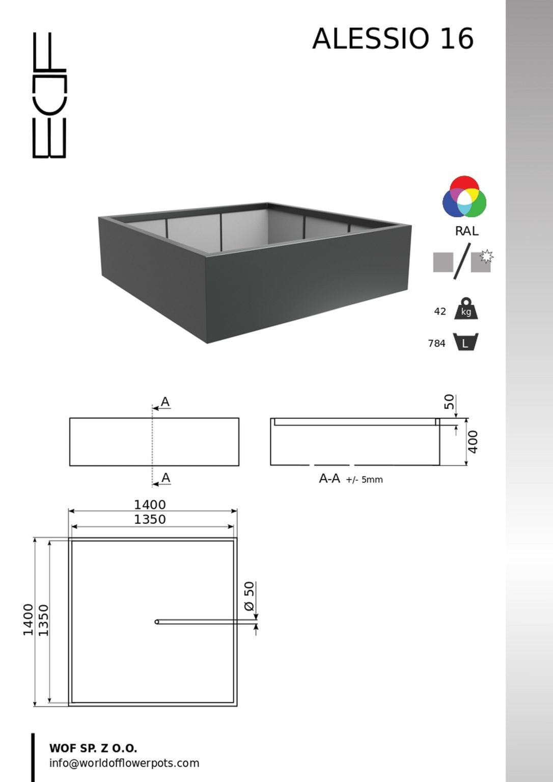 Widok 3D Dużej donicy aluminiowej Alessio 16, matowej czarnej kwadratowej donicy (1400x1400x500 mm), jest pokazany wśród naszych dużych donic. Waga: 42 kg; pojemność: 784 l. Opcje kolorystyczne, logo i dane kontaktowe są wyświetlane poniżej.