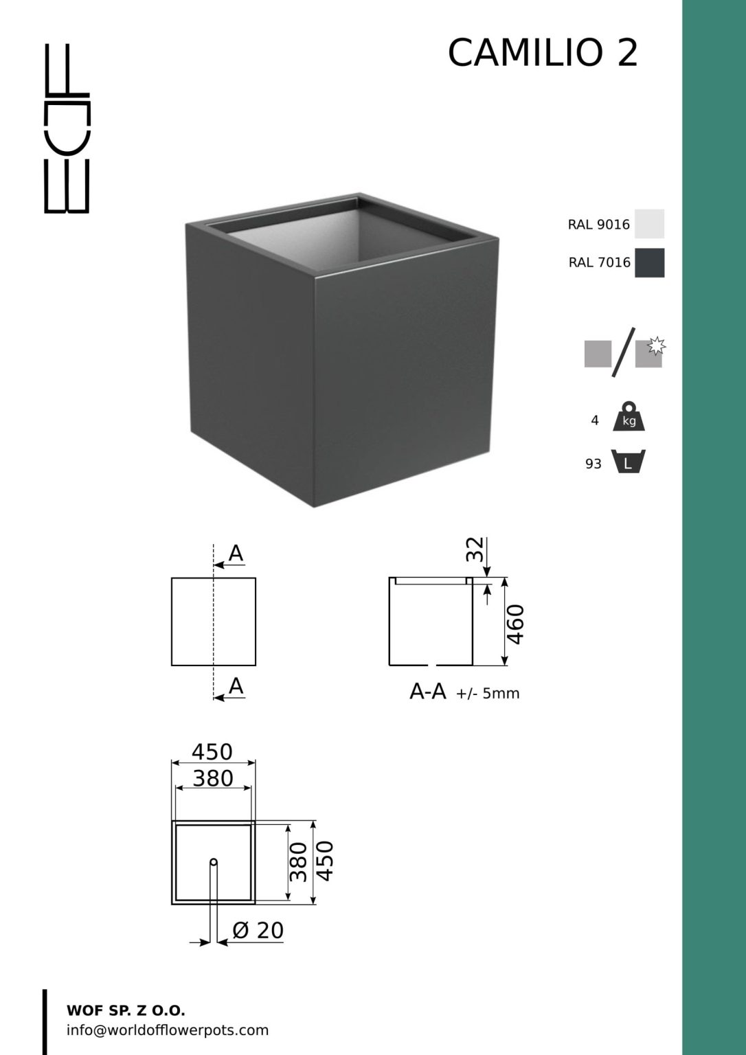 Donica z włókna szklanego Camilio 2, kwadratowa donica w kolorze białym lub ciemnoszarym, ma wymiary 450 mm (szerokość) x 460 mm (wysokość) x 380 mm (głębokość). Rysunki techniczne przedstawiają widok z przodu i z góry. Idealna dla osób poszukujących dużej donicy.