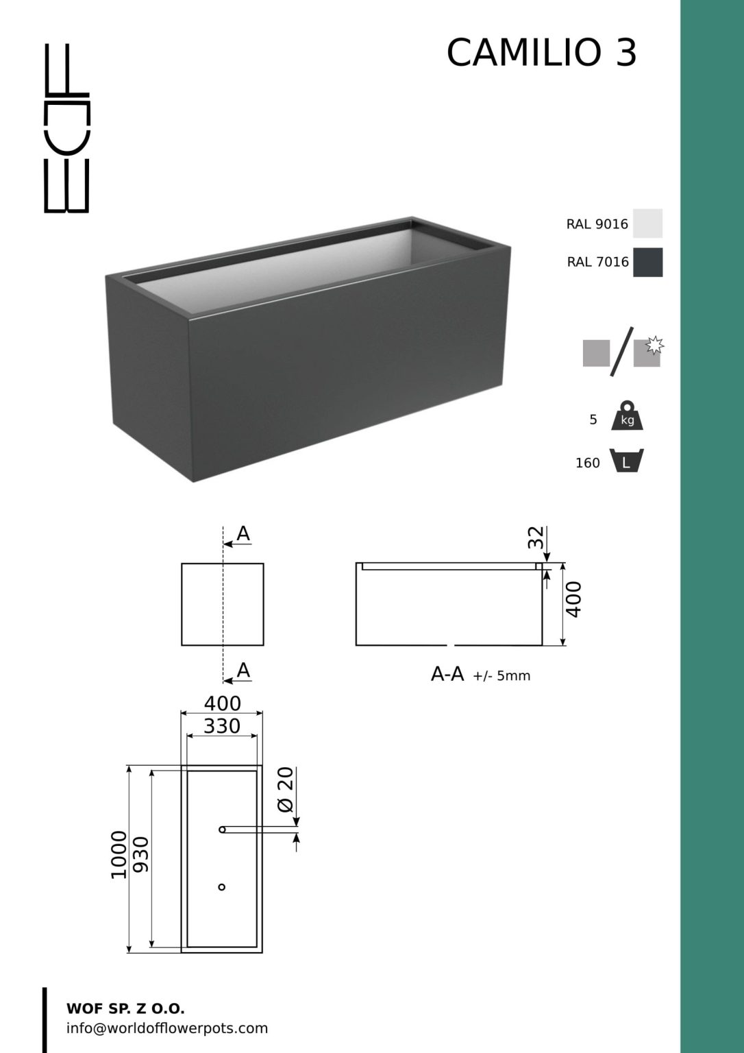 Donica z włókna szklanego Camilio 3 to prostokątna donica (1000x400x400 mm) o pojemności 160 l, wadze 5 kg, z otworem odpływowym, dostępna w kolorach RAL 9016 lub RAL 7016. Przedstawiono rysunki techniczne.