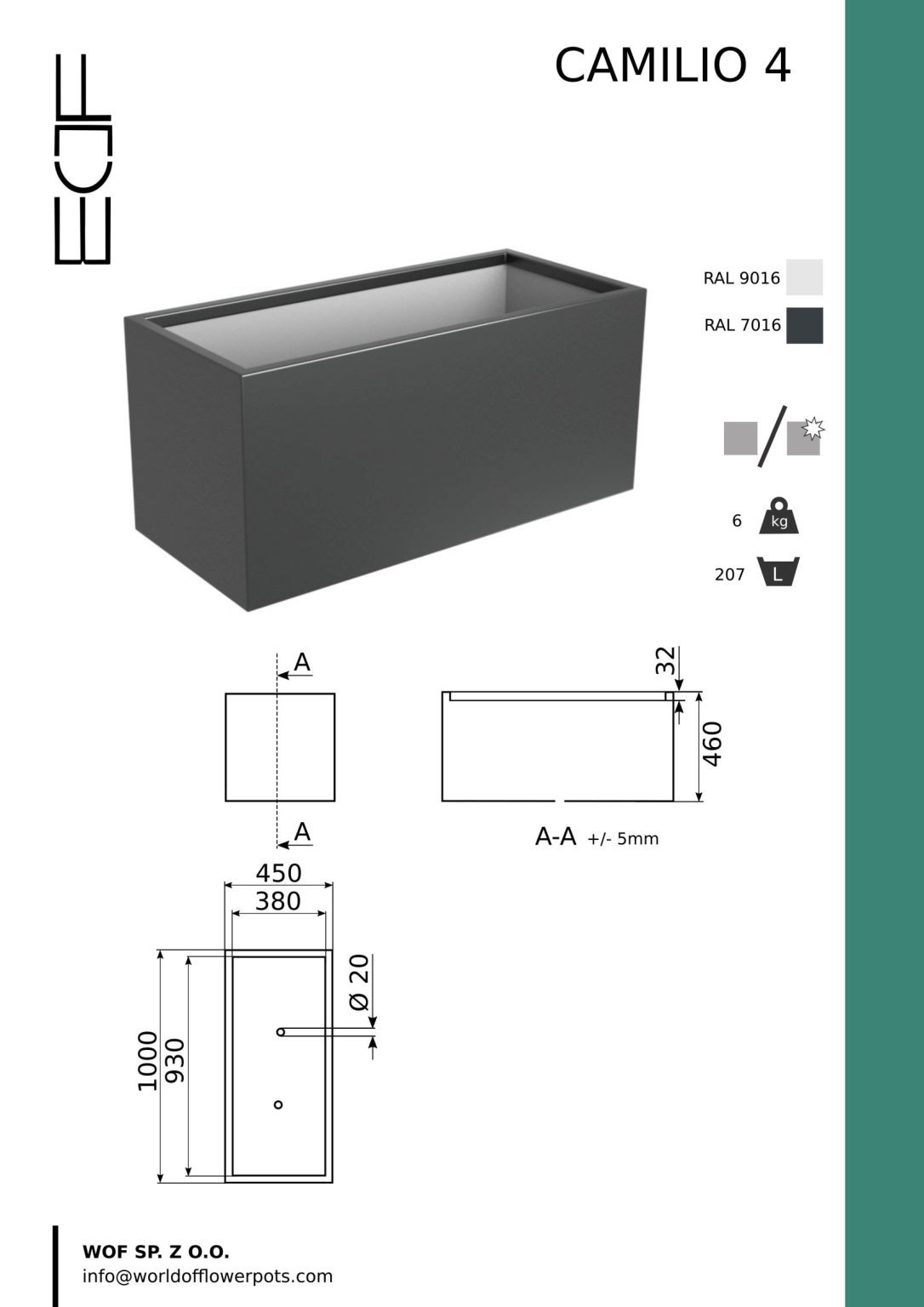 Donica z włókna szklanego Camilio 4, prostokątna ciemnoszara donica(1000x390x460mm, 6kg, 207L, RAL 9016/7016), jest pokazana w 3D z przekrojami i górnymi widokami technicznymi jako jedna z dużych donic.