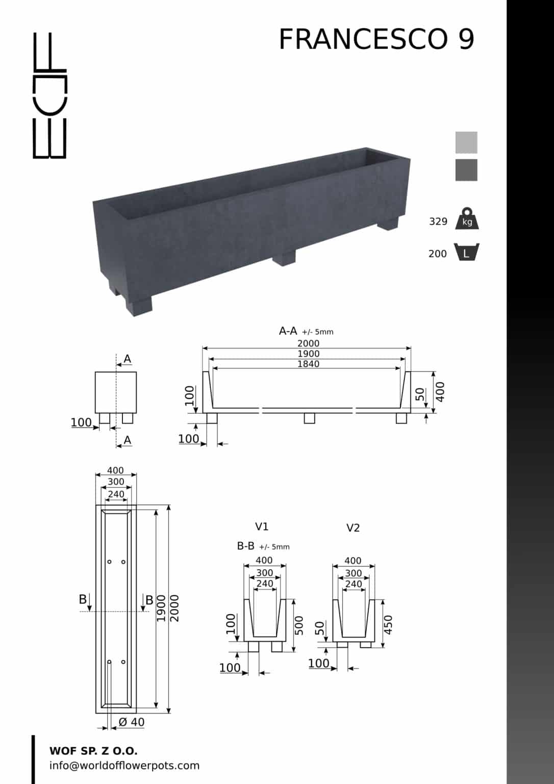 Donica betonowa Francesco 9 to wysoka, prostokątna donica na czterech krótkich nogach. Wymiary: 2900 mm x 440 mm x 600 mm, pojemność 200 l, waga 329 kg. Dostępna w kolorze czarnym i szarym. Dla dużych potrzeb donice; skontaktuj się z nami w celu uzyskania szczegółowych informacji.