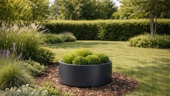 Donica aluminiowa Tiziano 4, wypełniona zielonymi trawami ozdobnymi i krzewami, stoi na brązowej ściółce w ogrodzie krajobrazowym otoczonym bujną trawą, wysokimi roślinami liściastymi, drzewami i gęstym wypielęgnowanym żywopłotem pod jasnym niebem.