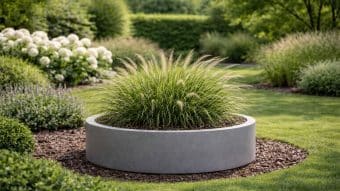 Donica aluminiowa Tiziano 5, nowoczesna okrągła aluminiowa donica wypełniona trawą ozdobną, znajduje się w ogrodzie krajobrazowym z drewnianą ściółką, bujnymi krzewami, hortensjami i zielonymi trawnikami przy delikatnym naturalnym oświetleniu.