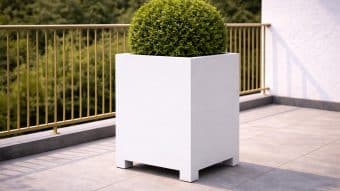 Okrągły, zielony krzew o gęstych liściach jest posadzony w Donica aluminiowa Apollo 4 na wyłożonym kafelkami balkonie ze złotymi balustradami, z widokiem na liściasty krajobraz. Po prawej stronie widoczna jest biała ściana.