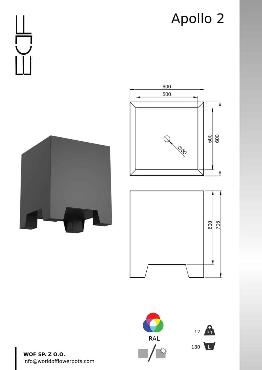 Apollo 2-tech info donica kwadratowa 60 cm