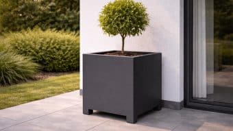 Małe, okrągłe, liściaste drzewko posadzone w donicy Donica aluminiowa Apollo 7 (100 cm wysokości) na szarym patio wyłożonym kafelkami przy białej ścianie i szklanych drzwiach. Zielone krzewy i trawa w tle dopełniają zadbany ogród zewnętrzny.