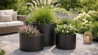 Trzy duże, nowoczesne donice Donica aluminiowa Daria 1 set na patio mieszczą bujną trawę, fioletowe kwiaty i białe stokrotki. Za nimi stoi zewnętrzna sofa z beżowymi poduszkami, kwitnącymi roślinami i dekoracyjnym lampionem.