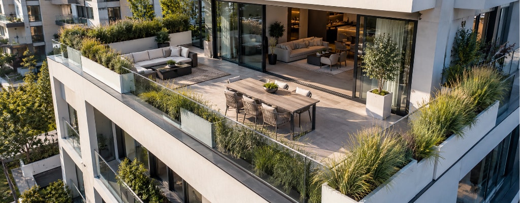 Widok z góry na nowoczesny balkon apartamentu z długimi, wysokimi białymi donicami obsadzonymi wysoką trawą ozdobną.