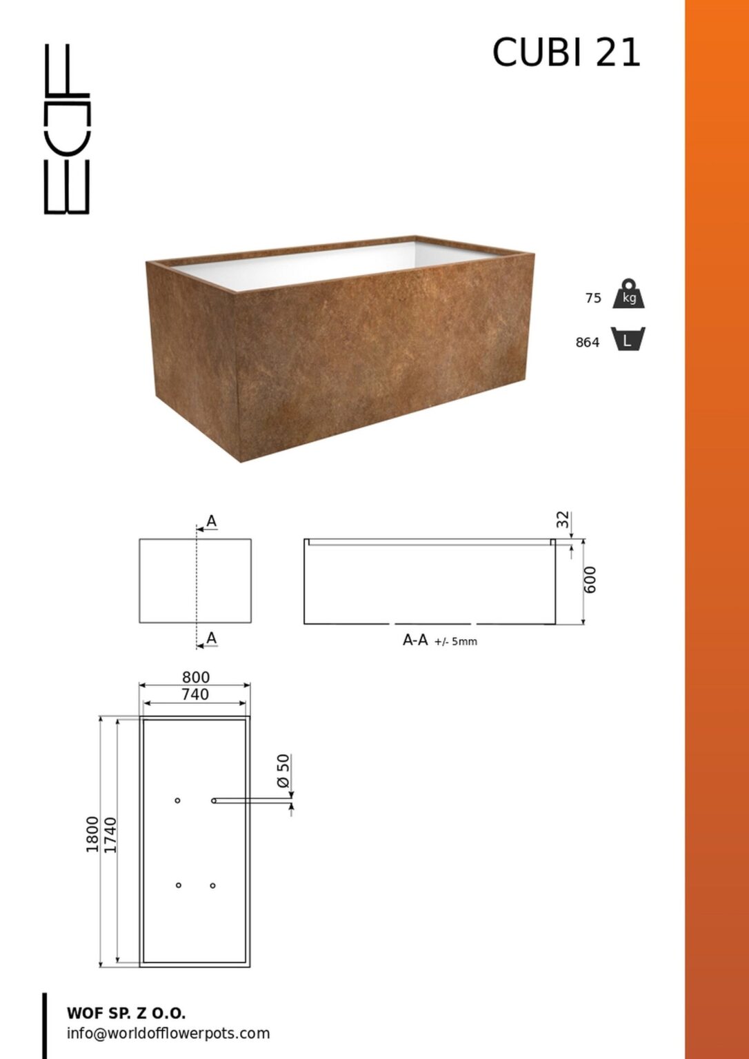 Duża donica ogrodowa Cubi 21, pokazana pod różnymi kątami z wykończeniem w kolorze rdzy, ma wymiary 1800x800x600 mm (ścianki 50 mm), waży 75 kg i mieści 864 l. Strona zawiera szczegóły i dane kontaktowe CUBI 21.