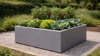 Donica ogrodowa Marco 13, nowoczesna prostokątna donica, stoi na żwirze i jest wypełniona bazylią, sałatą, kapustą i dojrzałymi czerwonymi pomidorami, kwitnącymi w bujnym ogrodzie na świeżym powietrzu z zieloną scenerią w tle.