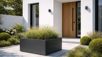 Nowoczesne wejście do domu z wysokimi drewnianymi drzwiami, białymi ścianami i minimalistycznym czarnym oświetleniem. Duża donica Alessio 8 wypełniona trawą ozdobną stoi na wyłożonej kafelkami ścieżce, otoczona przyciętymi krzewami i białymi hortensjami.