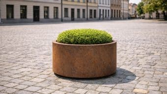 Okrągła, metalowa Duża donica Vaso 8 w kolorze rdzy, wypełniona gęstymi zielonymi krzewami, stoi samotnie na brukowanym placu, na tle wielopiętrowych budynków i drzew w jasnym świetle słonecznym.