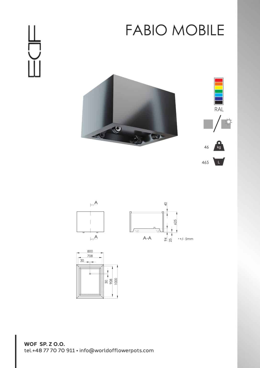 Donica prostokątna aluminiowa Fabio Mobile jest przedstawiona na schematach wymiarowych powyżej. Po prawej stronie, opcje kolorów RAL dla donic aluminiowych pokazują odcienie 46 i 465. Dane kontaktowe firmy znajdują się poniżej.