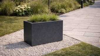 czarna donica wśród zieleni i kamyczków