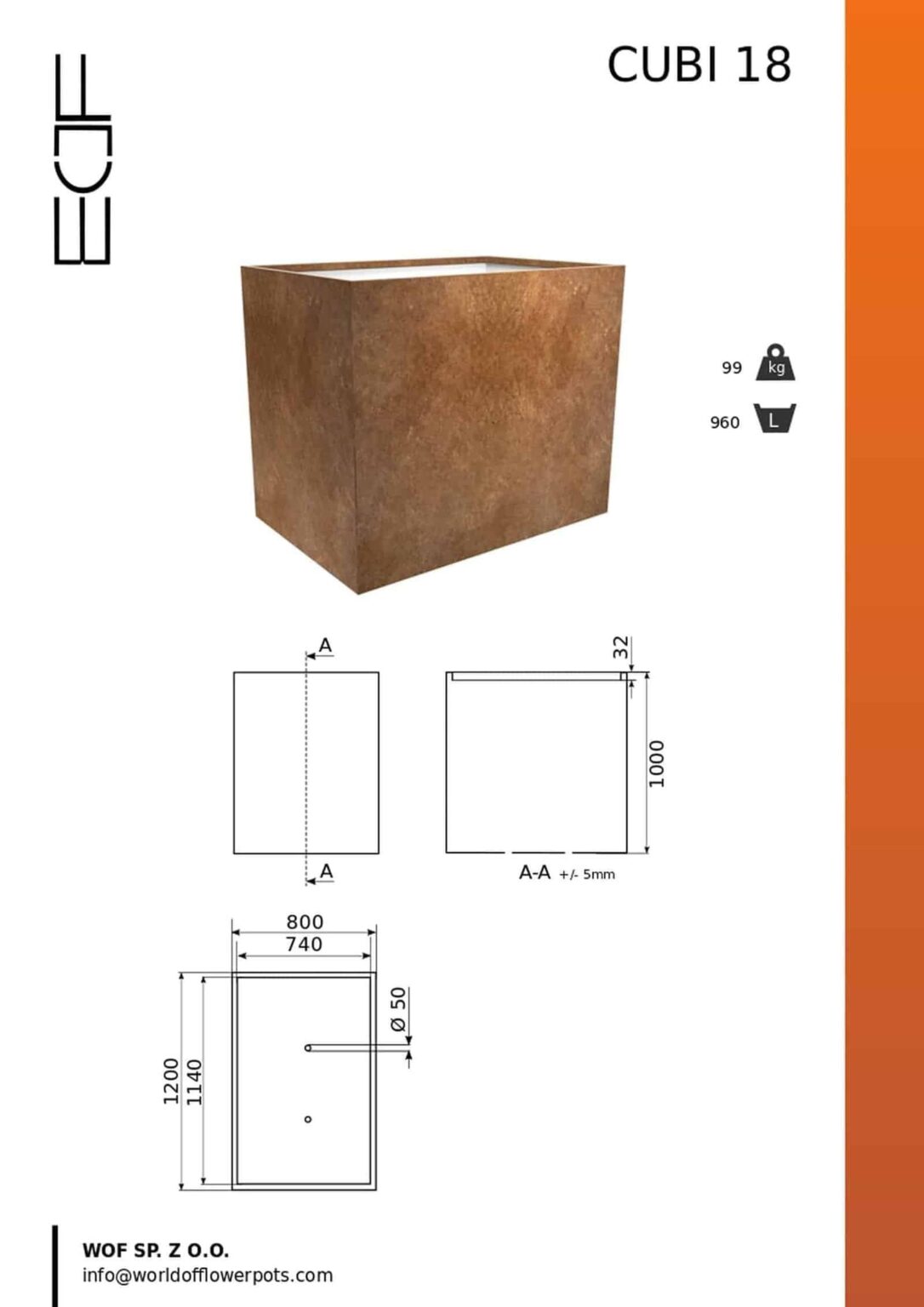 Duża donica corten Cubi 18 to prostokątna brązowa donica, pokazana pod kątem. Rysunki techniczne pokazują, że ma 1200 mm wysokości, 800 mm szerokości, 1000 mm głębokości, waży 99 kg i mieści 960 litrów.