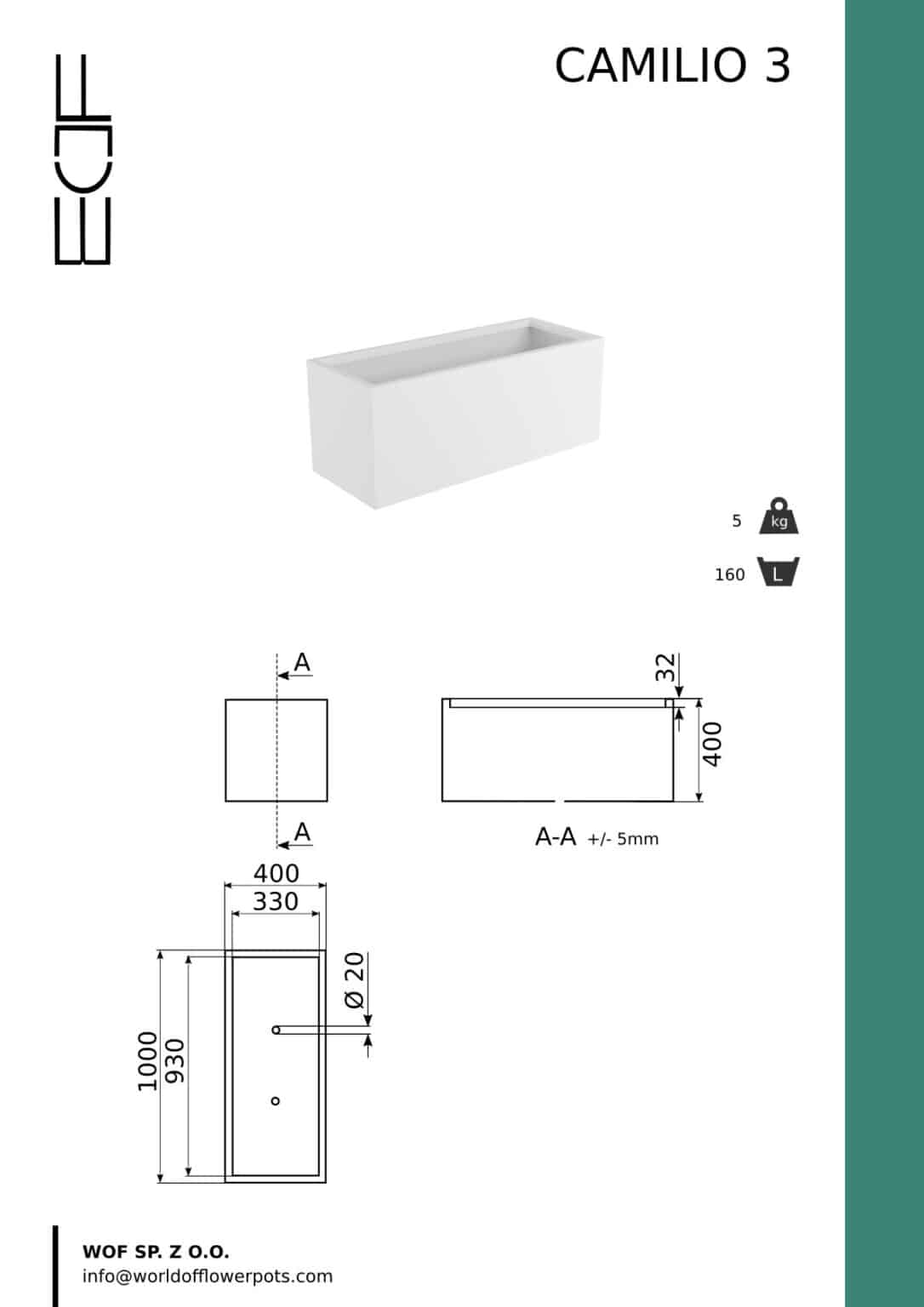 Donica biała na taras Camilio 3 to biała prostokątna donica (1000x400x400mm, grubość 20mm), pojemność 160L, waga 5kg. Pokazana w widoku 3D z rysunkami technicznymi podkreślającymi jej nowoczesny design.