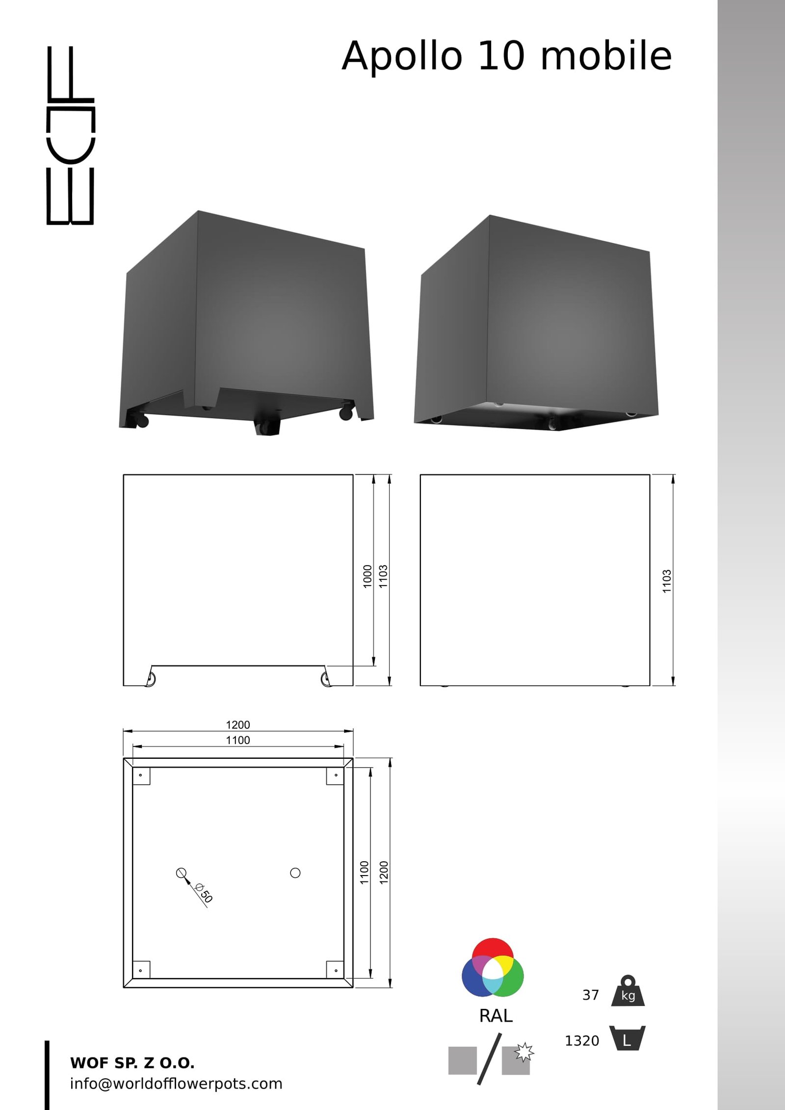 aluminiowa donica na kółkach Apollo 10 Mobile