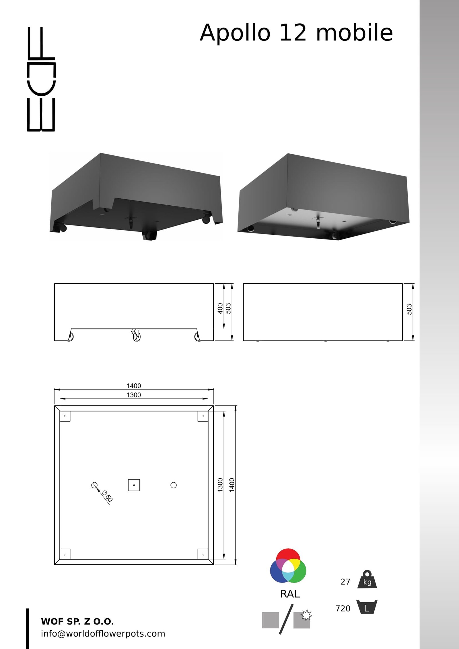 aluminiowa donica na kółkach Apollo 12 mobile