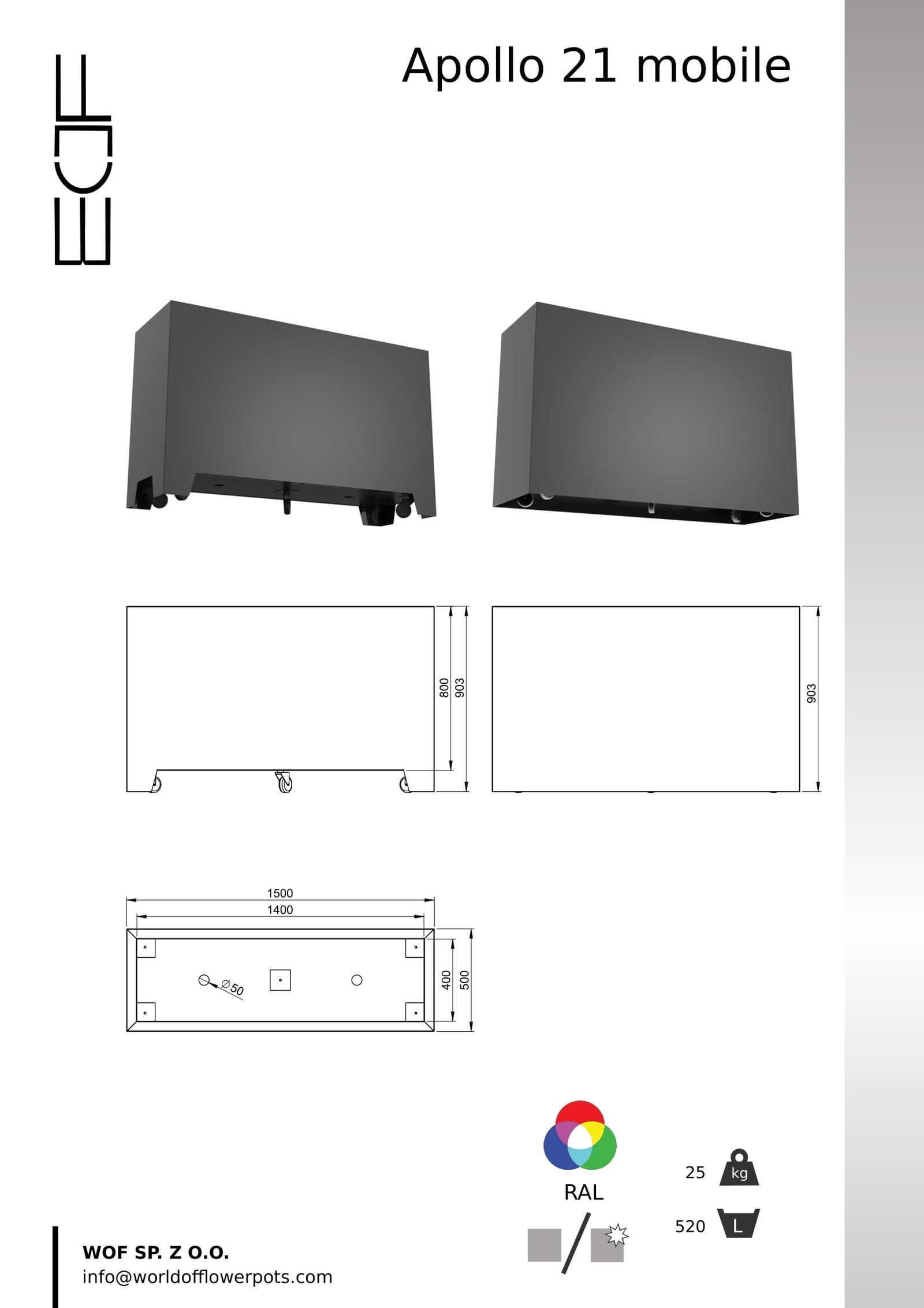 aluminiowa donica na kółkach Apollo 21 Mobile
