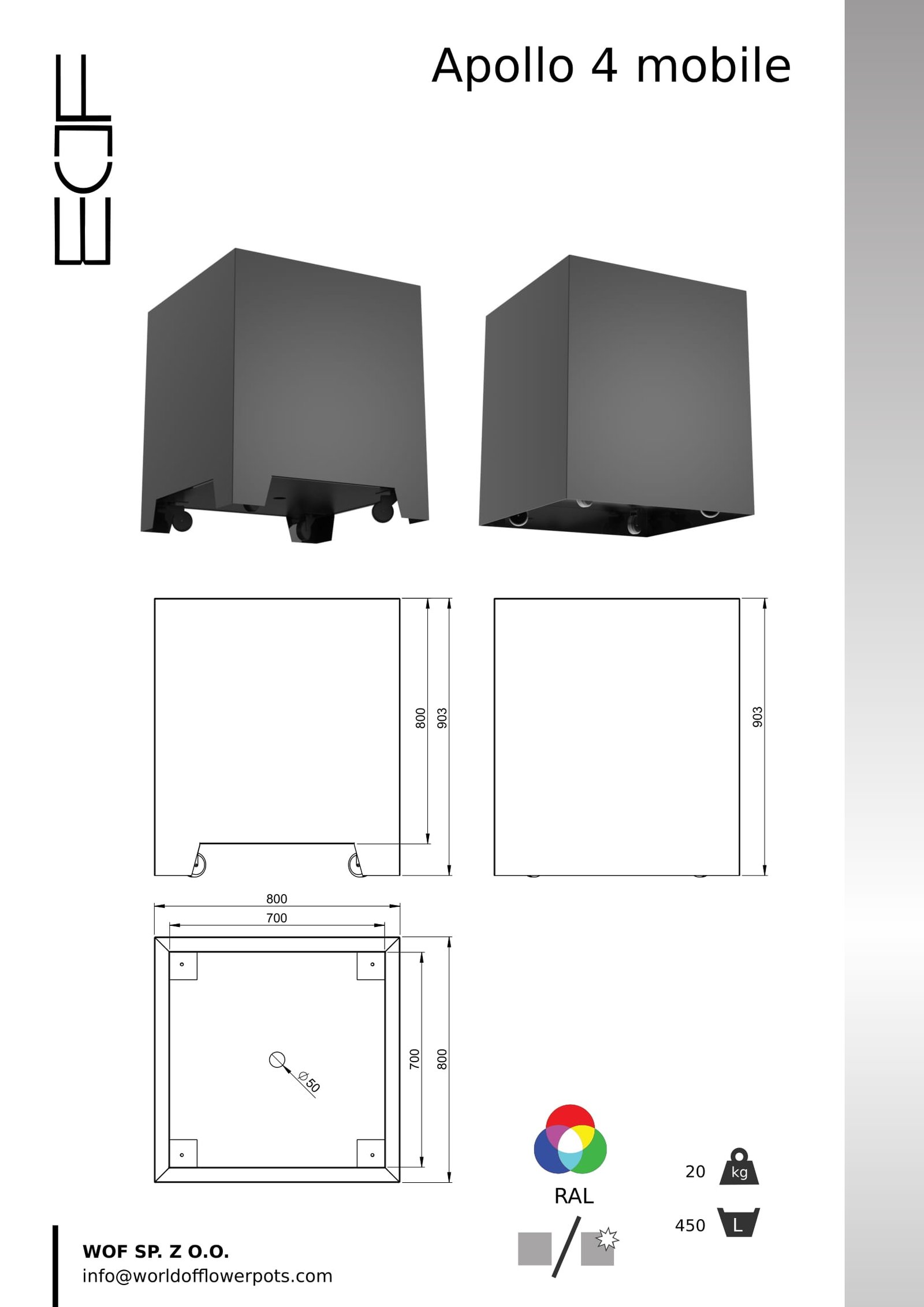 aluminiowa donica na kółkach Apollo 4 Mobile