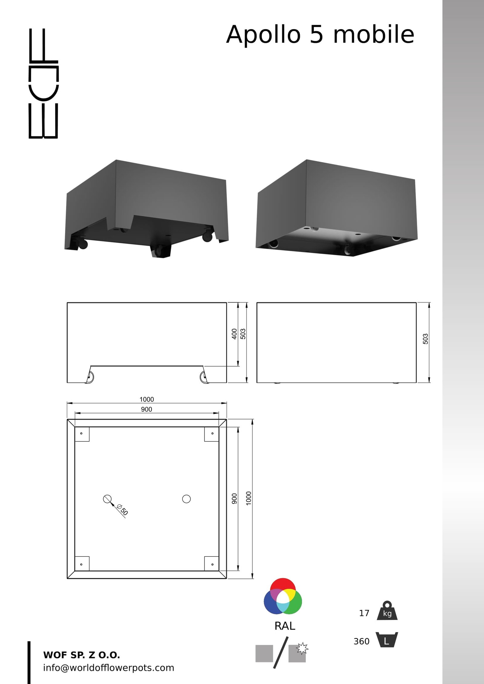 aluminiowa donica na kółkach Apollo 5 mobile