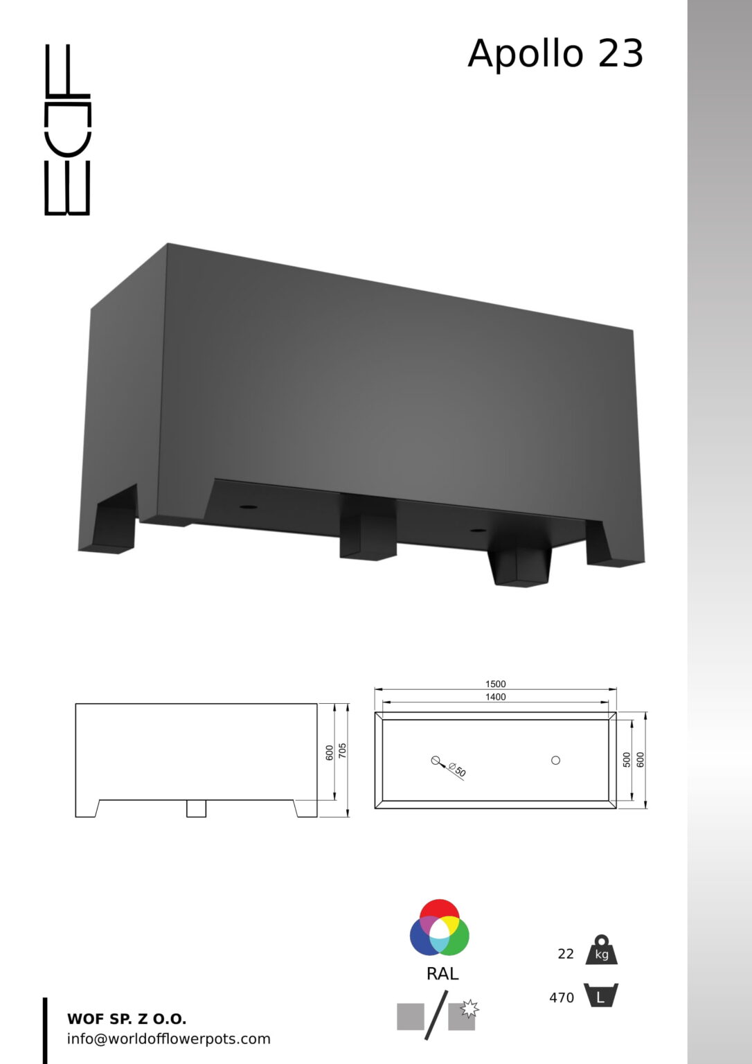 Donica aluminiowa na nóżkach Apollo 23 to nowoczesna, prostokątna donica w kolorze czarnym z czterema krótkimi nogami, pokazana z różnych perspektyw. Wymiary: 1500 mm długość, 540 mm szerokość, 600 mm wysokość.